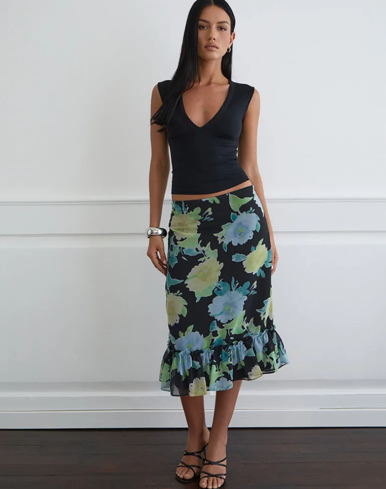 Tarla Midi Skirt in Black Chiffon with Crystal Flower Print