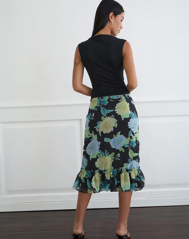Tarla Midi Skirt in Black Chiffon with Crystal Flower Print