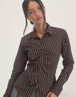 Tarsi Fitted Shirt in Mono Pinstripe Chocolate