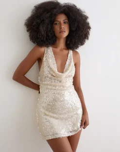 Tasarna Cowl Neck Mini Dress in Sequin Crochet Cream
