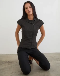 Telese Asymmetric Shirt in Dusky Pinstripe Grey