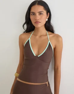 Thorin Tankini in Brown with Aqua Binding