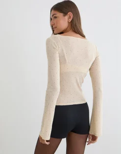 Tineko Long Sleeve Top in Polka Textured Jersey Beige
