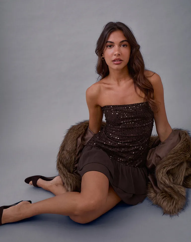 Tinosa Corset Dress in Ruffle Sequin Brown