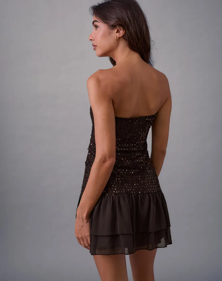 Tinosa Corset Dress in Ruffle Sequin Brown