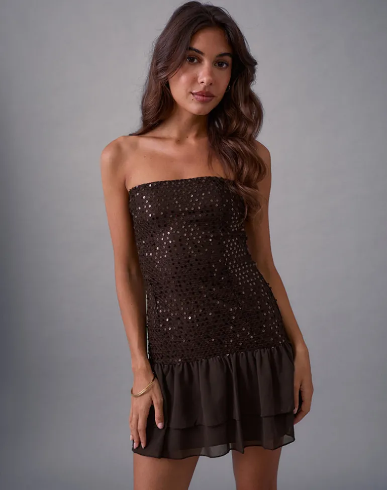 Tinosa Corset Dress in Ruffle Sequin Brown