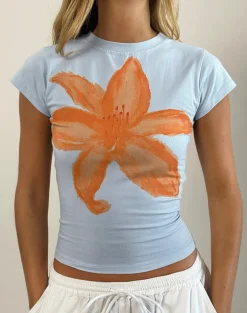 Tiona Tee in Blue with Orange Painted Flower