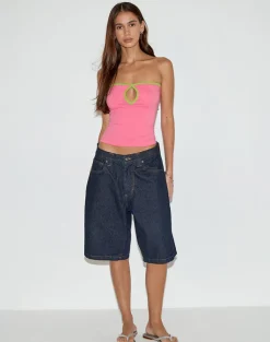Tiria Cutout Bandeau Top in Bubble Gum with Leaf Green Binding