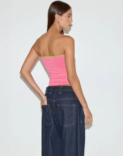 Tiria Cutout Bandeau Top in Bubble Gum with Leaf Green Binding