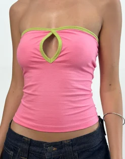 Tiria Cutout Bandeau Top in Bubble Gum with Leaf Green Binding