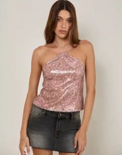 Tirich Halterneck Top in Boho Batik Sequin Pink