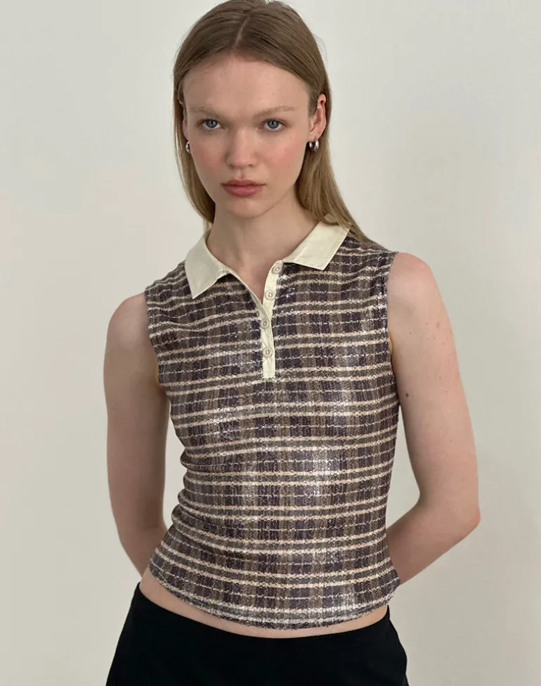 Tisuka Polo Top in Sequin Vintage Check Brown