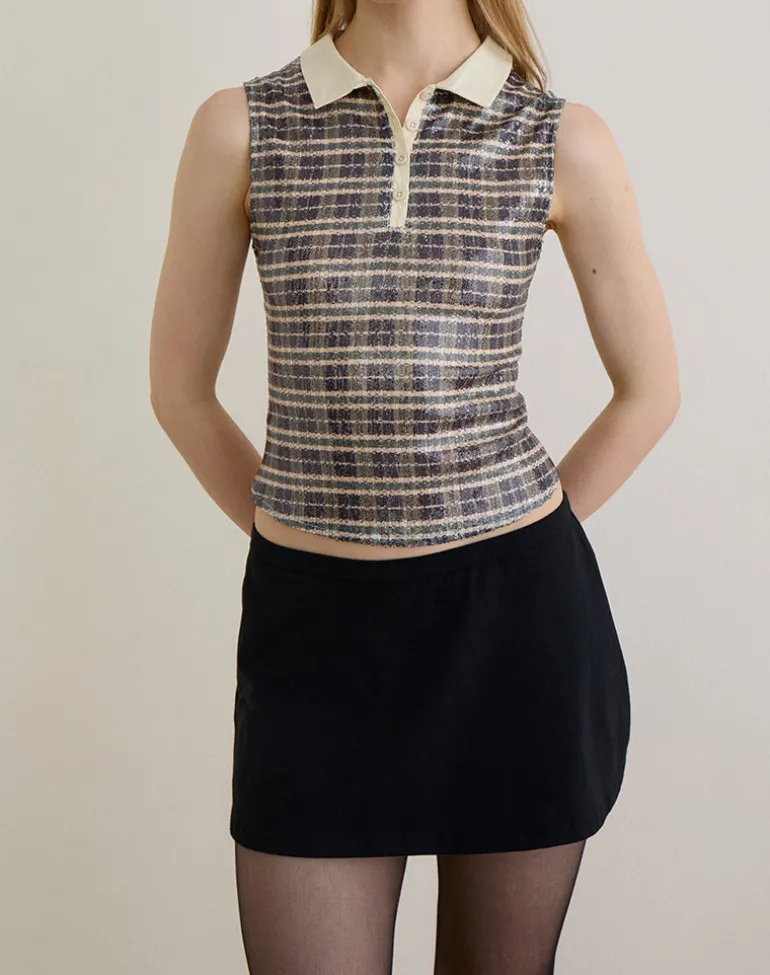 Tisuka Polo Top in Sequin Vintage Check Brown