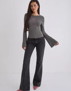 Tiyana Long Sleeve Top in Diamante Flower Dark Grey