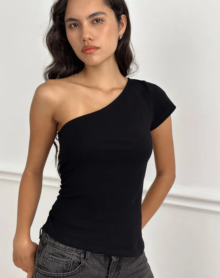 Tokiwa Asymmetric Shoulder Tee in Black
