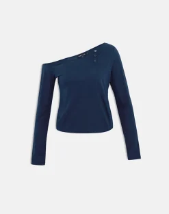 Tole Asymmetric Button Up Top in Tissue Jersey Dark Navy
