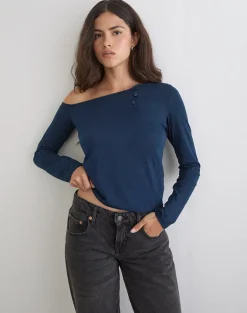 Tole Asymmetric Button Up Top in Tissue Jersey Dark Navy