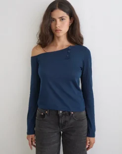 Tole Asymmetric Button Up Top in Tissue Jersey Dark Navy