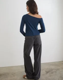 Tole Asymmetric Button Up Top in Tissue Jersey Dark Navy