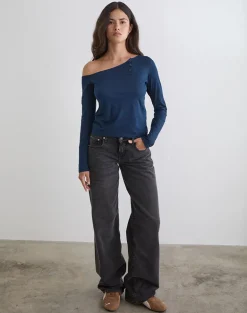 Tole Asymmetric Button Up Top in Tissue Jersey Dark Navy