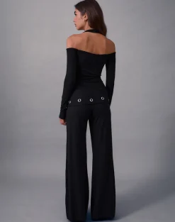 Travis Foldover Trouser in Black with Eyelets