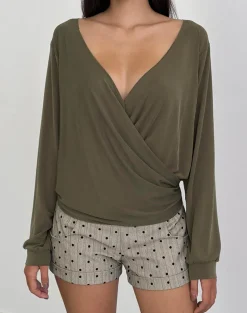 Tricia Plunge Drape Top in Cupro Khaki