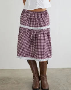 Trixie Midi Skirt in Mini Gingham Wine