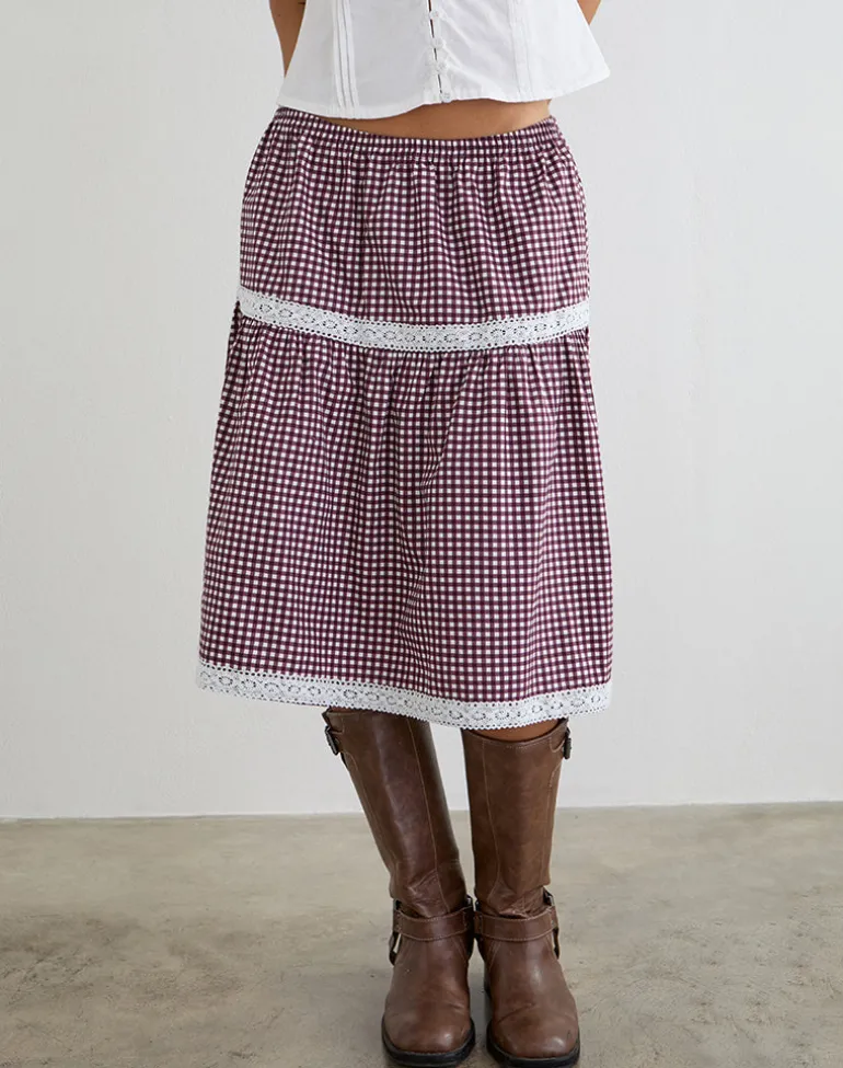 Trixie Midi Skirt in Mini Gingham Wine