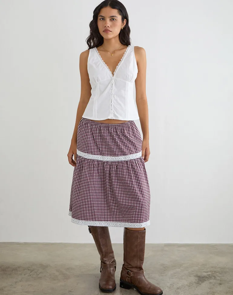 Trixie Midi Skirt in Mini Gingham Wine
