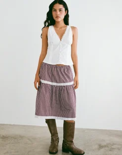 Trixie Midi Skirt in Mini Gingham Wine