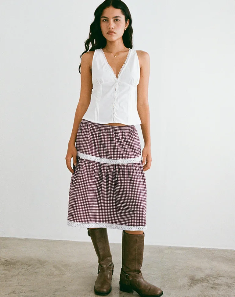 Trixie Midi Skirt in Mini Gingham Wine
