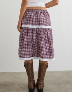 Trixie Midi Skirt in Mini Gingham Wine