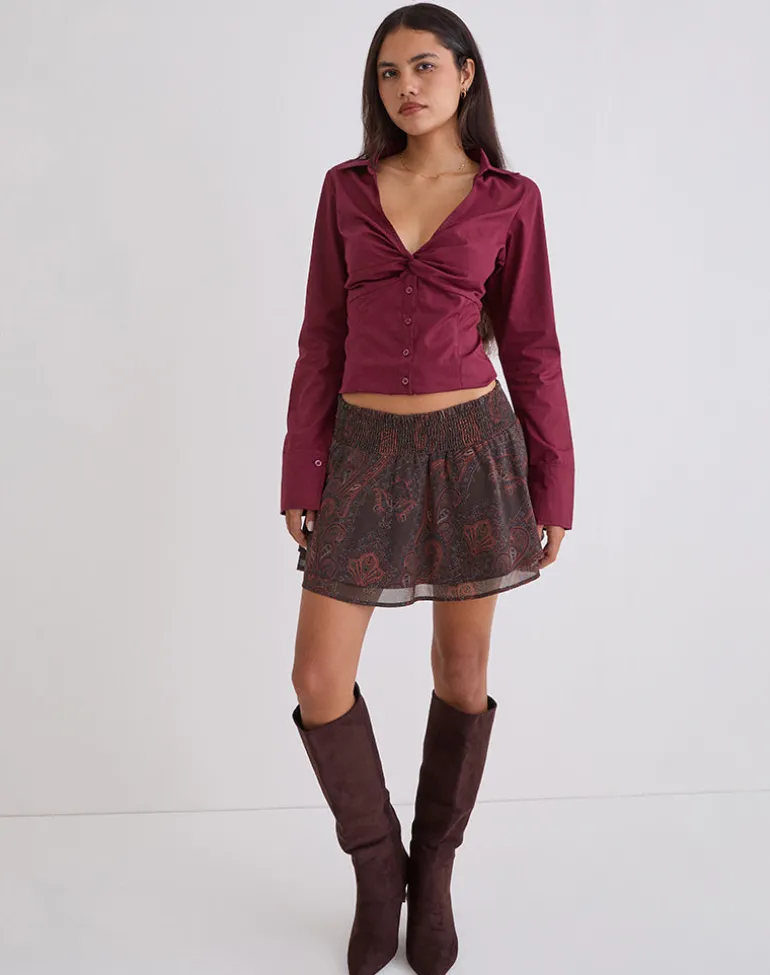 Tylan Mini Skirt in Chiffon Royal Paisley Burgundy