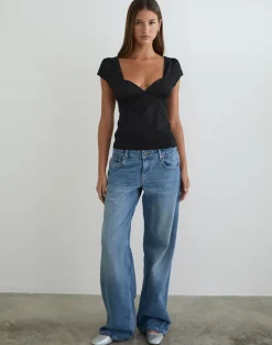 Uliva Cap Sleeve Corset Top in Poplin Black