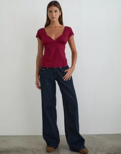 Uliva Cap Sleeve Corset Top in Poplin Burgundy