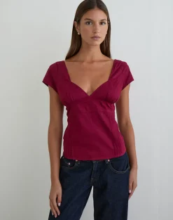 Uliva Cap Sleeve Corset Top in Poplin Burgundy