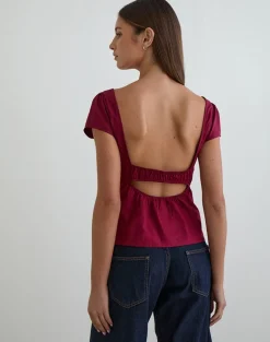 Uliva Cap Sleeve Corset Top in Poplin Burgundy