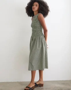 Undine Midi Dress in Mini Gingham Dark Green