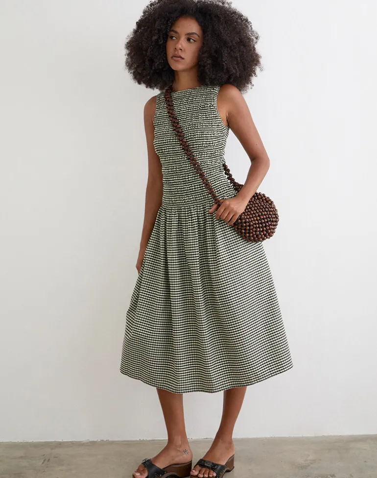 Undine Midi Dress in Mini Gingham Dark Green