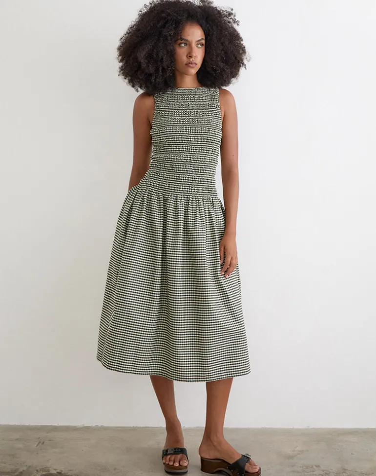 Undine Midi Dress in Mini Gingham Dark Green
