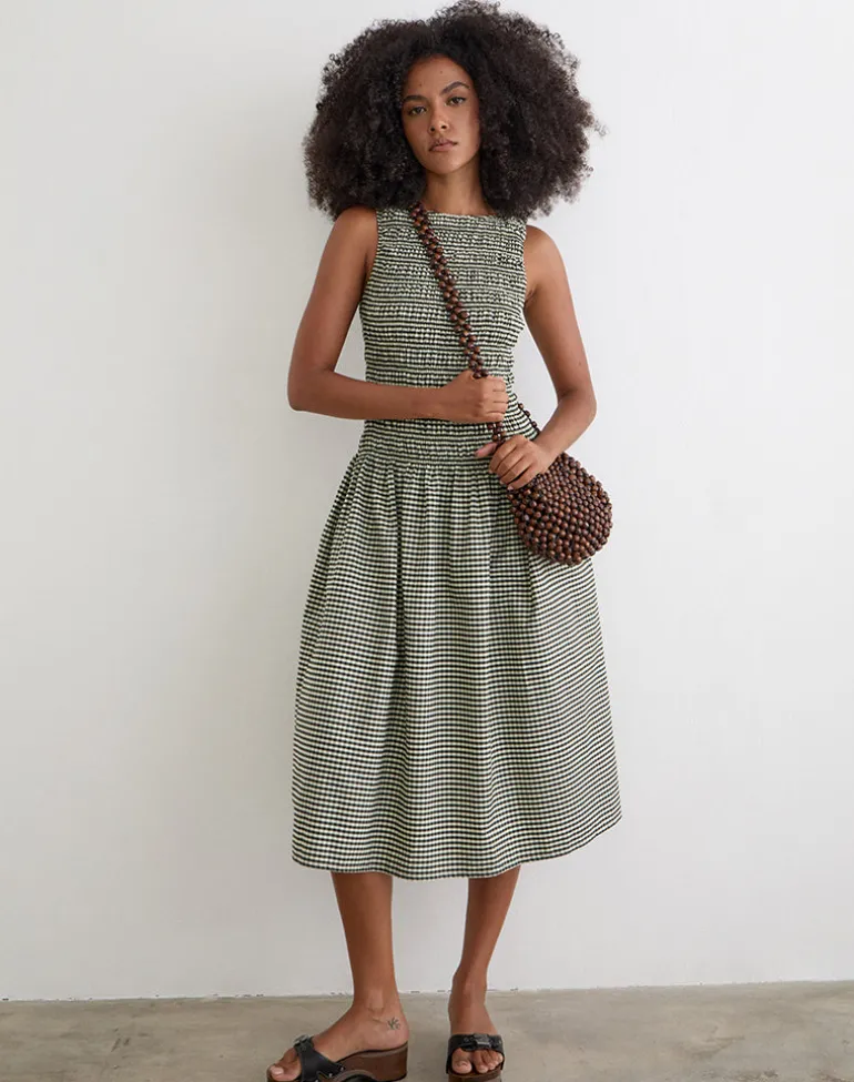 Undine Midi Dress in Mini Gingham Dark Green