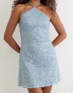 Urlanda Dress in Seafoam Sequin Knit Blue