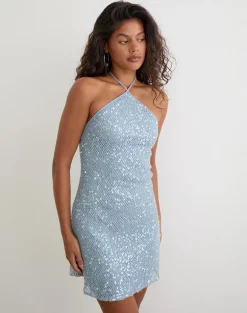 Urlanda Dress in Seafoam Sequin Knit Blue