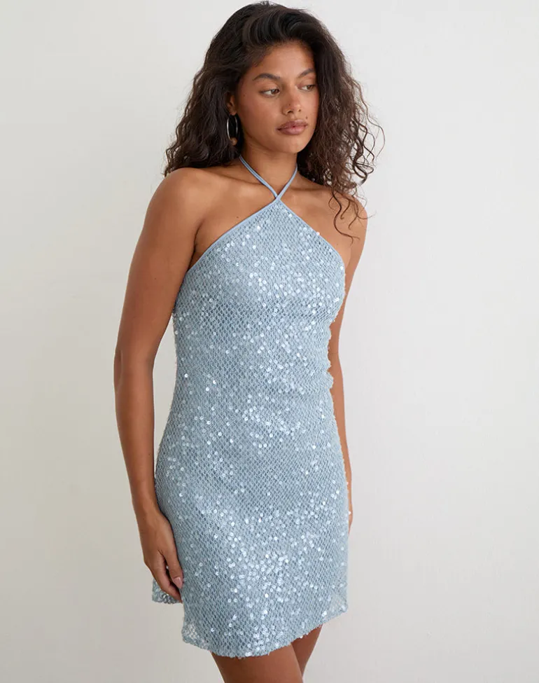 Urlanda Dress in Seafoam Sequin Knit Blue
