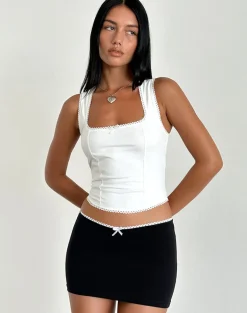 Vadia Mini Skirt in Black with White Picot Trim and Bow