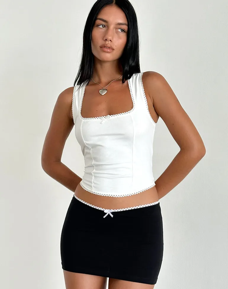 Vadia Mini Skirt in Black with White Picot Trim and Bow