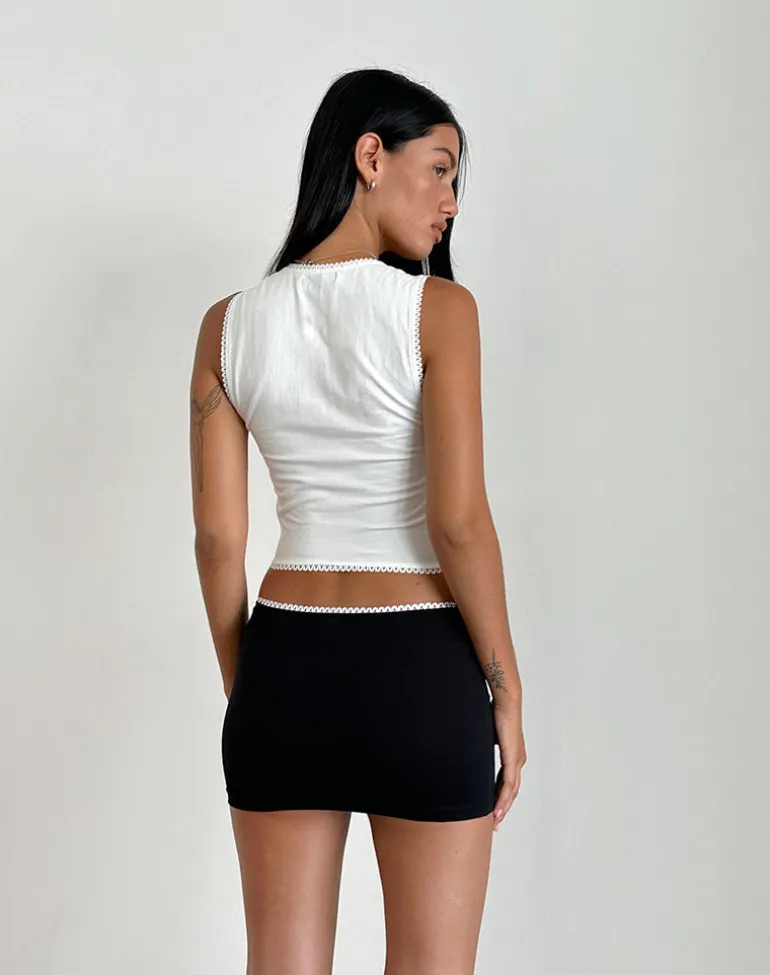 Vadia Mini Skirt in Black with White Picot Trim and Bow