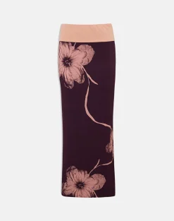 Valdra Maxi Skirt in Burgundy with Flower Silhouette