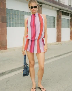 Veloria Halterneck Mini Dress in Pink Sheer Chiffon Painted Stripe