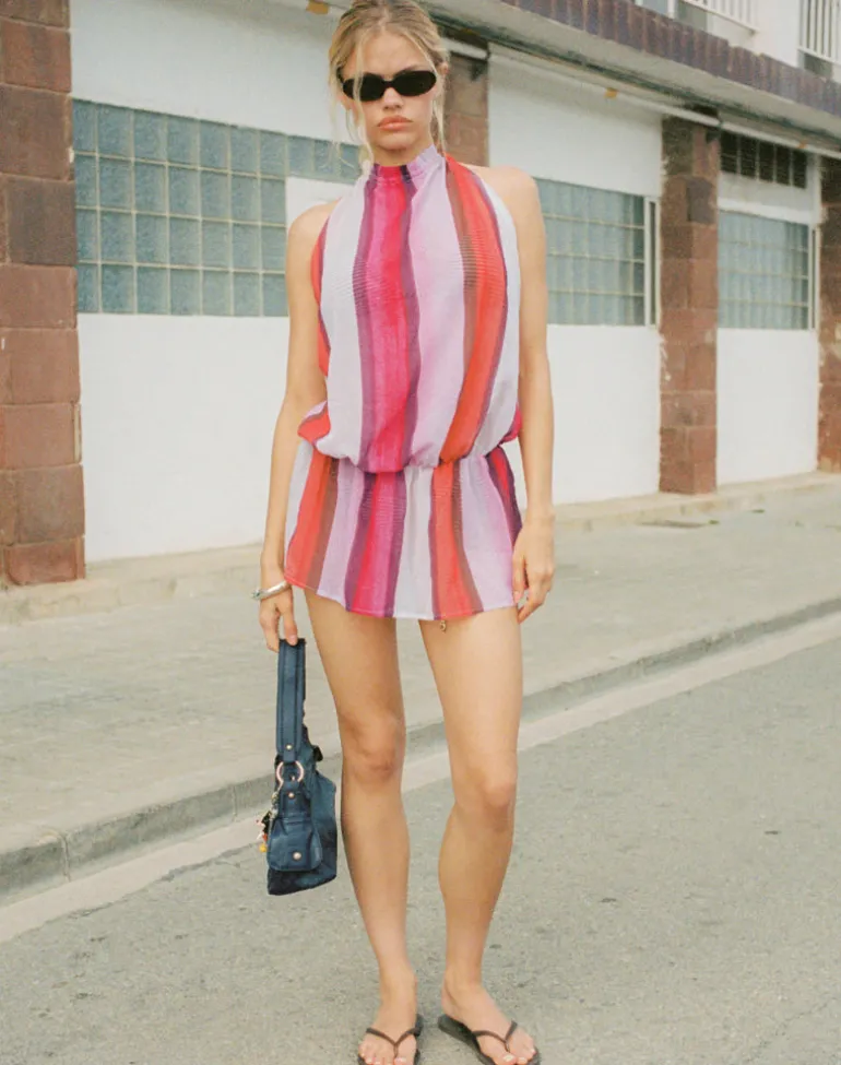 Veloria Halterneck Mini Dress in Pink Sheer Chiffon Painted Stripe